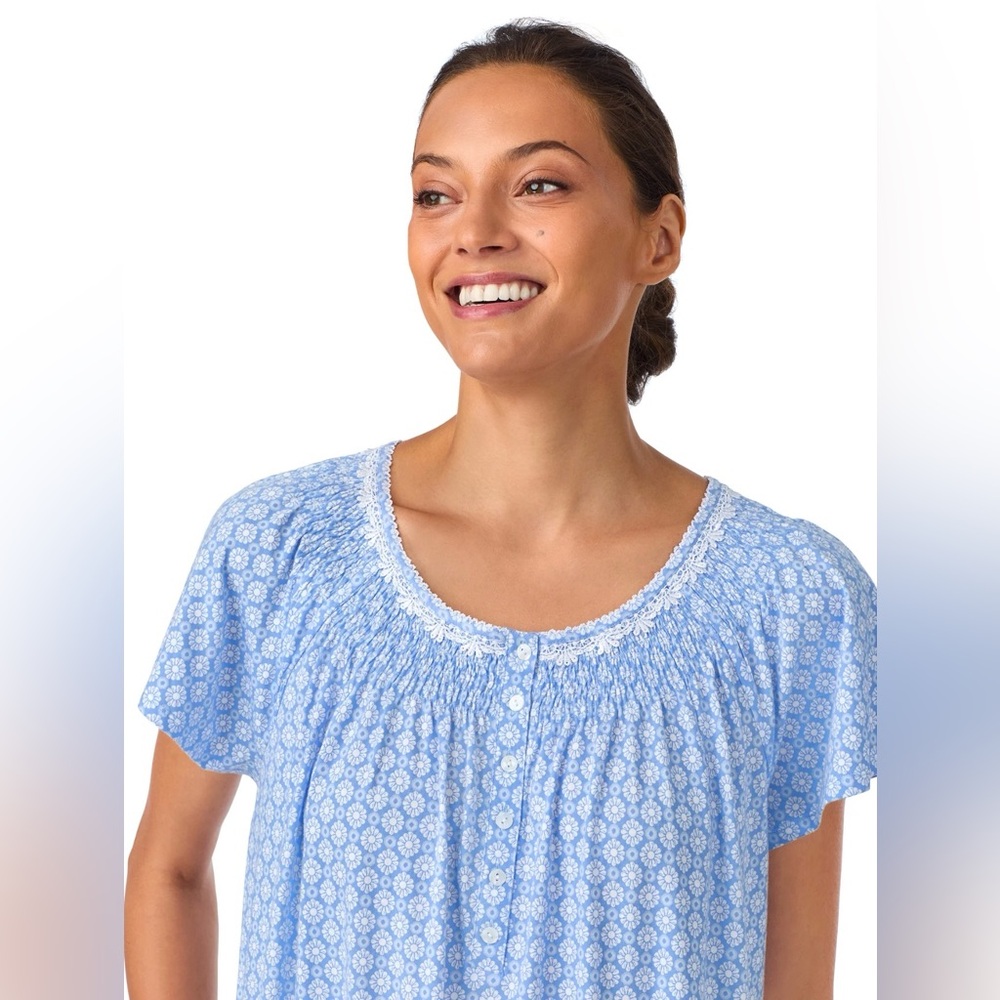 Aria Light Blue Printed Short Sleeve Lace Cotton Sleep Lounging Dress Size XL